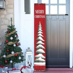 Wooden Merry Christmas Sign Red Snowy Tree Stackable Panels Holiday Cheer Decor